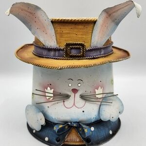 Whimsical Bunny Planter with Hat - Blue and Brown
